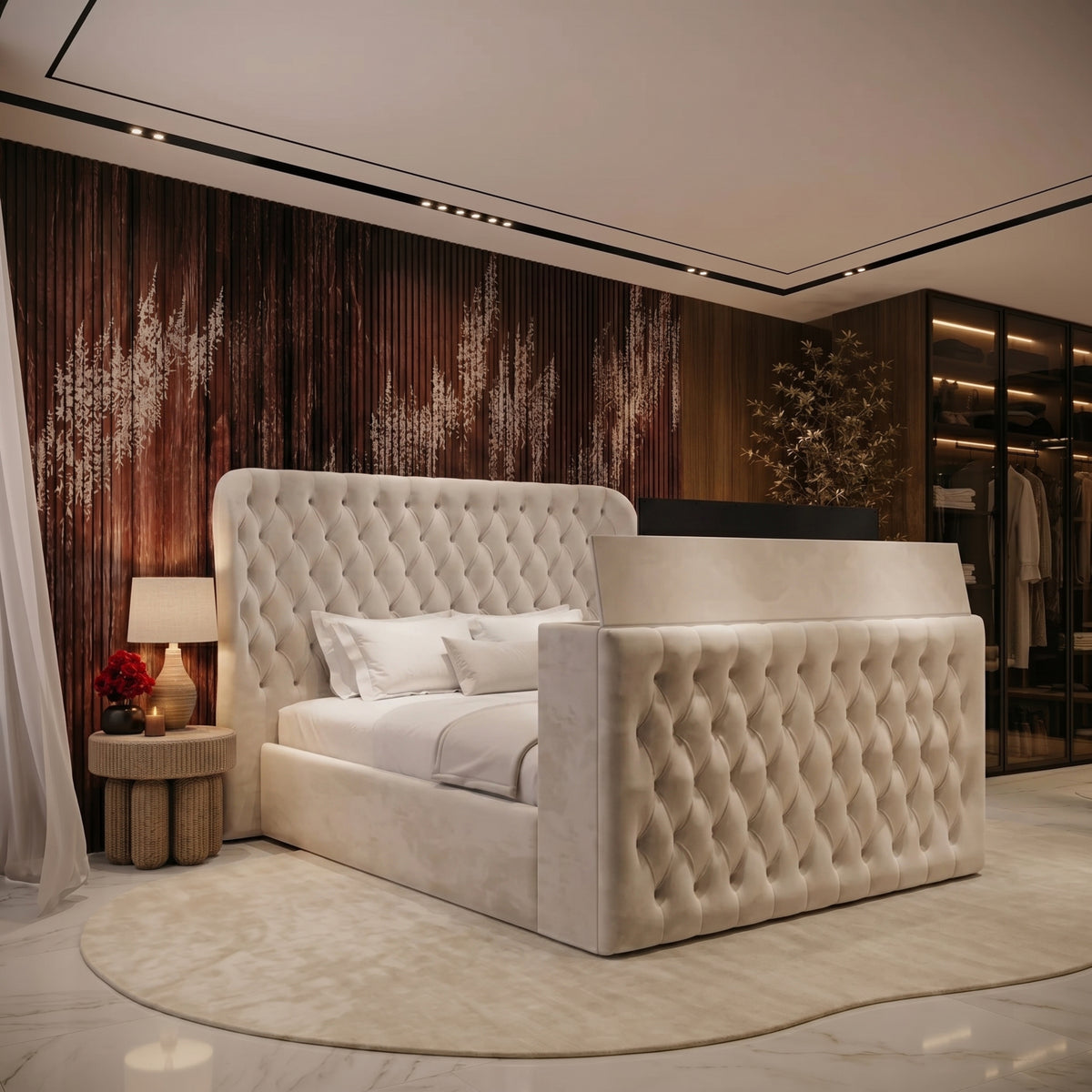 Amsterdam Cream Wingback Ottoman TV Bed Frame
