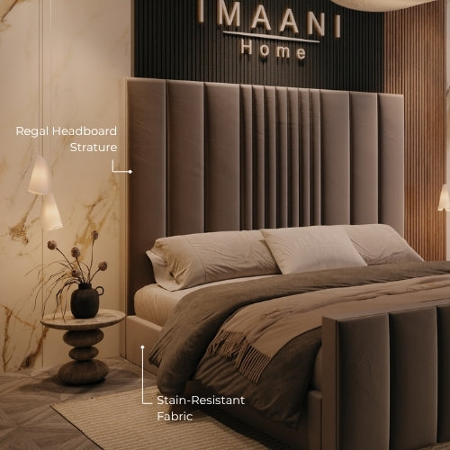 Regal Headboard Stature and Stain-Resistant Fabric Upholstery
