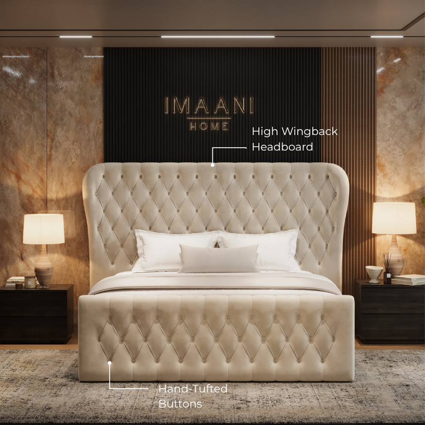 High Wingback Headboard & Hand Tufted Button Detailing
