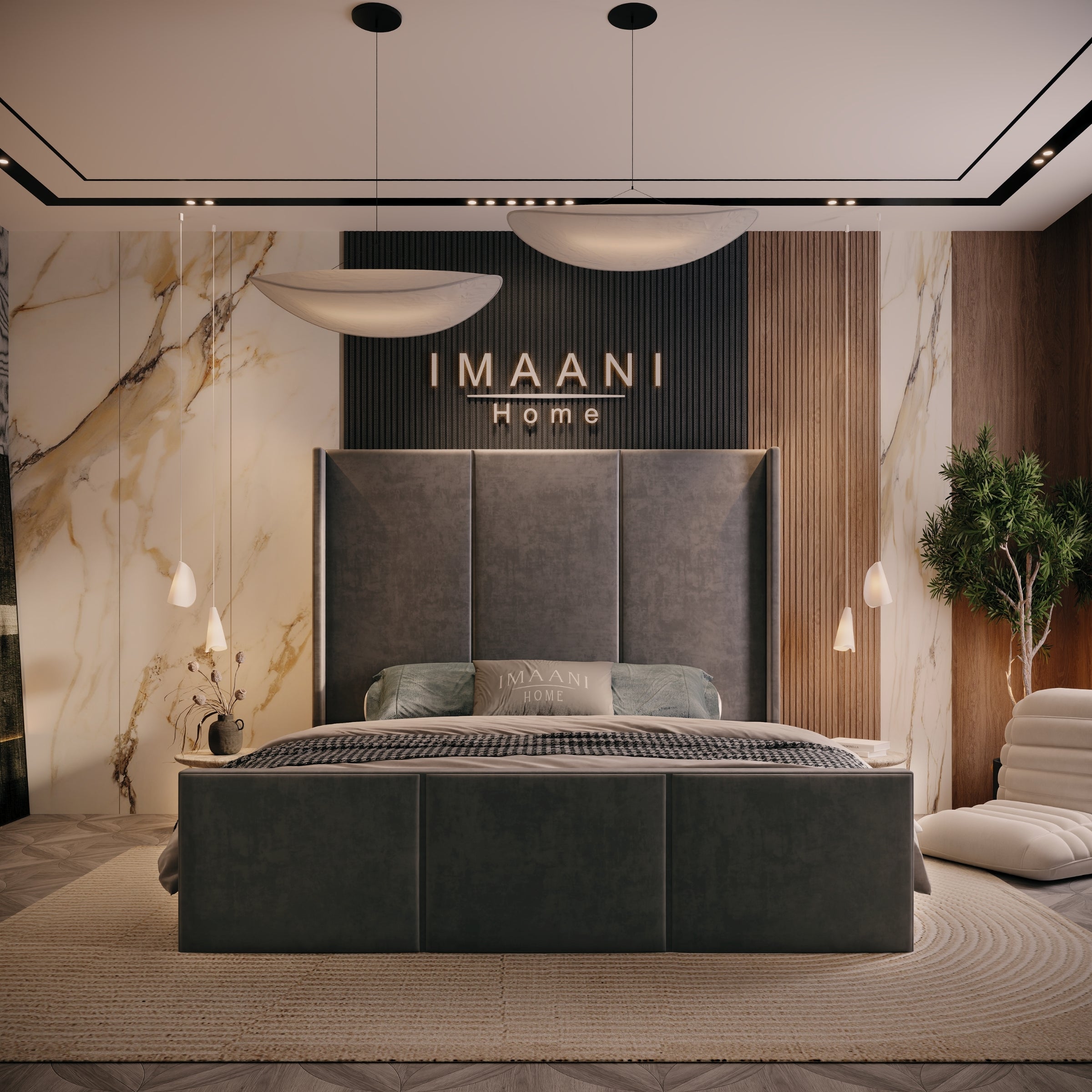 Birmingham Grey Velvet Wingback High Headboard Bed Frame