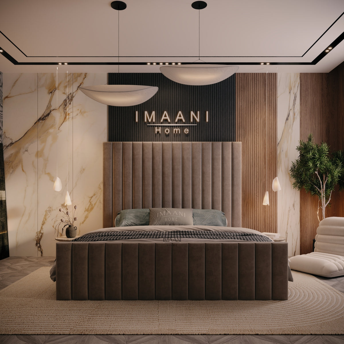Front view of the Arizona upholstered bed frame with tall channelled headboard and matching vertical-panel footboard.