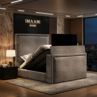 Armani TV ottoman storage bed with raised television and lift-up mattress platform showing the under-bed storage area.