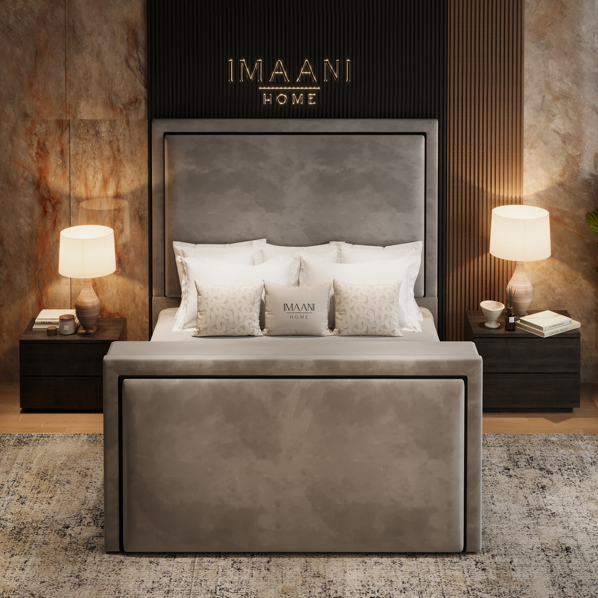 Armani high headboard bed with tall inset upholstered panel and matching framed footboard, shown from the front.