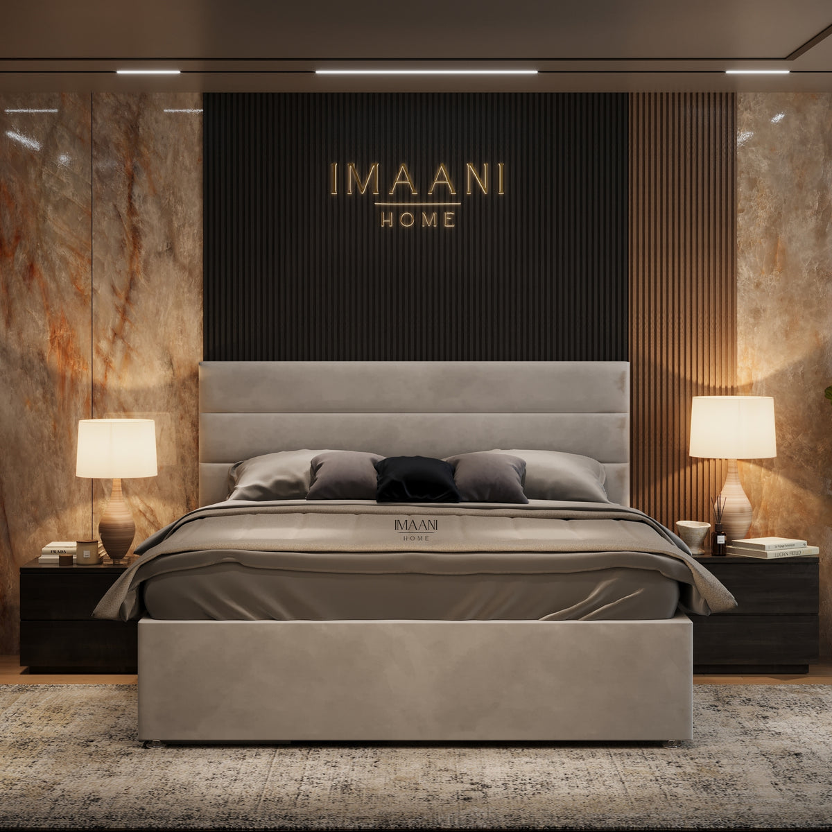 Front view of the Bella upholstered storage bed with wide horizontal-panel headboard and clean low-profile base.