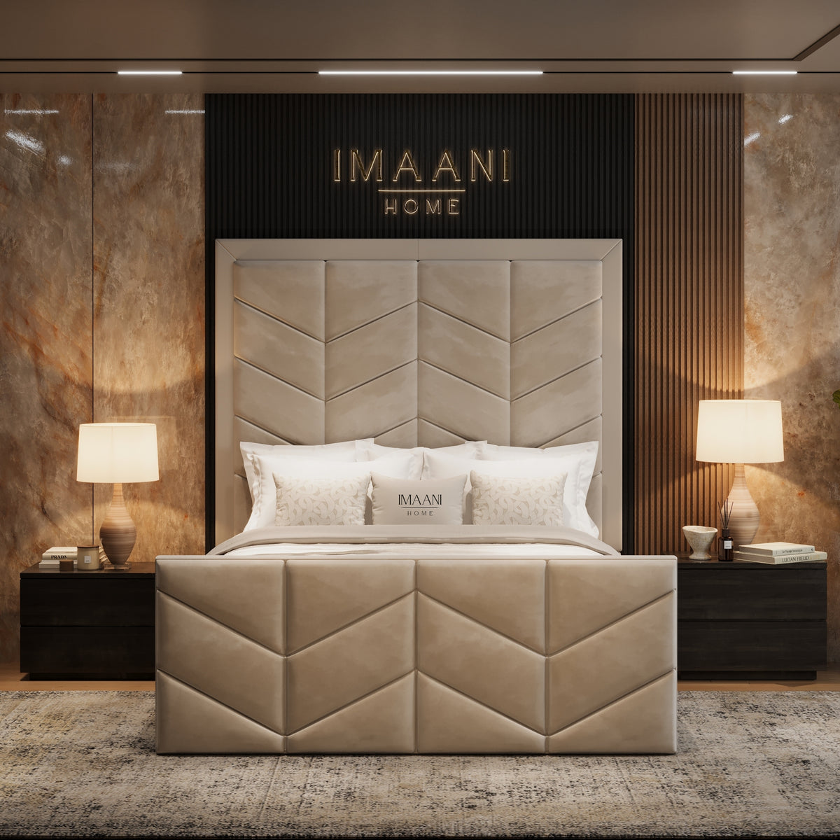 Front view of the Buckingham high headboard bed in beige with symmetrical chevron panel detailing across the headboard and footboard.