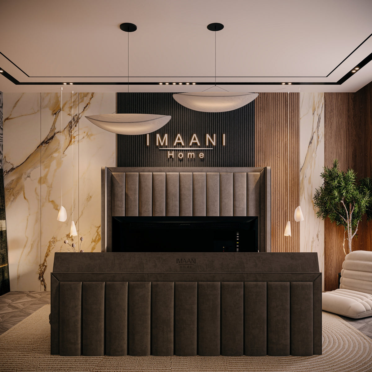 Rear view of the Diamond wingback TV bed with the television raised above a tall upholstered footboard featuring framed vertical channel panels.