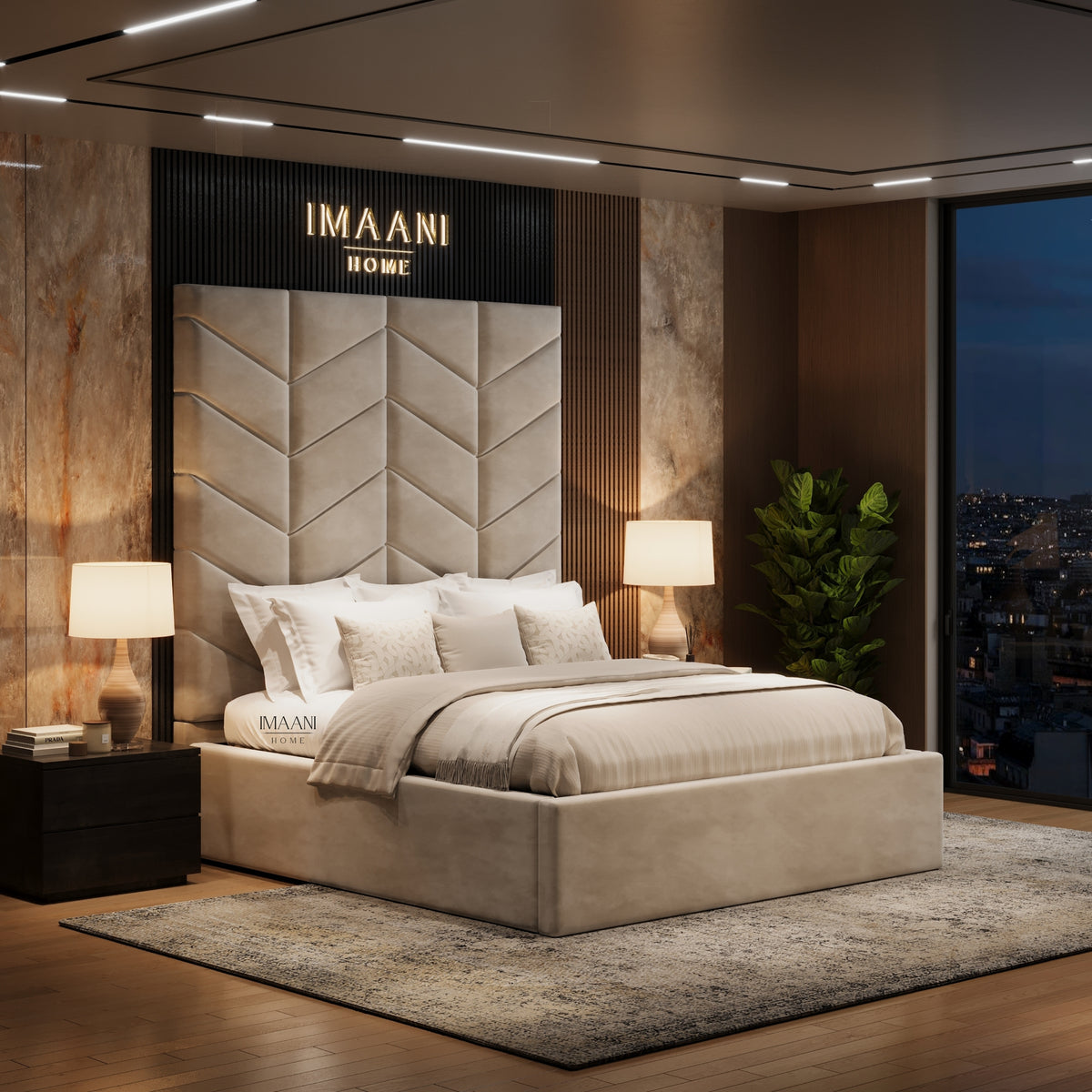 Three-quarter view of the Edinburgh bed in beige upholstery with a tall chevron-panel headboard, low plain footboard and smooth upholstered side rails.