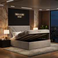 Edward ottoman storage bed in light taupe with a lift-up end-opening mattress base, diagonal geometric headboard panels and a plain upholstered frame.