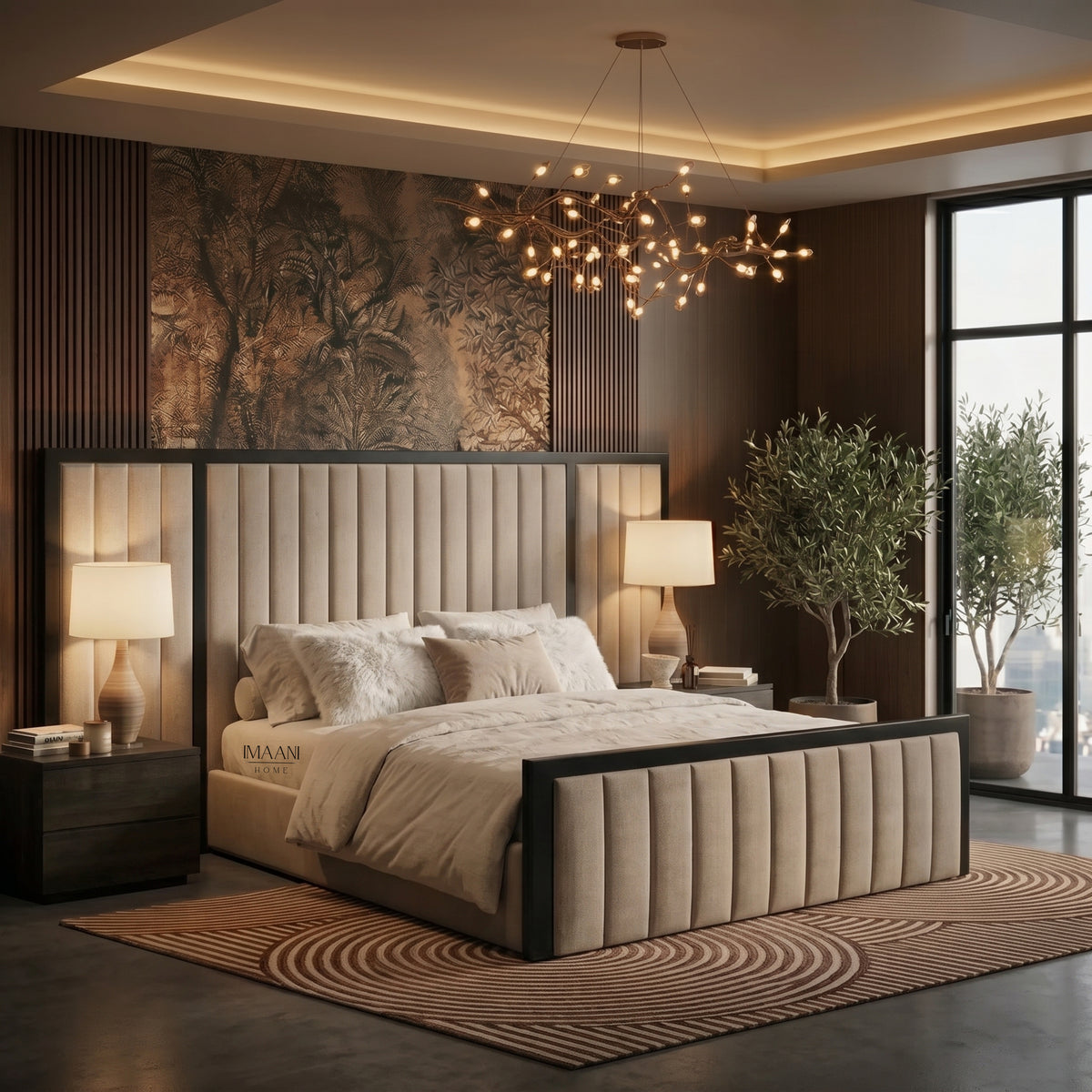 A luxury modern bedroom featuring a tall tufted upholstered bed frame with a matching headboard and footboard, styled with neutral beige bedding, dark wood nightstands, warm ambient lighting, and a large patterned wall mural.
