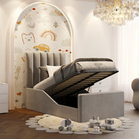 Eva grey kids ottoman storage bed with a tall vertical panel headboard, sloped side rails and a lift-up mattress base opened to show the storage compartment underneath.