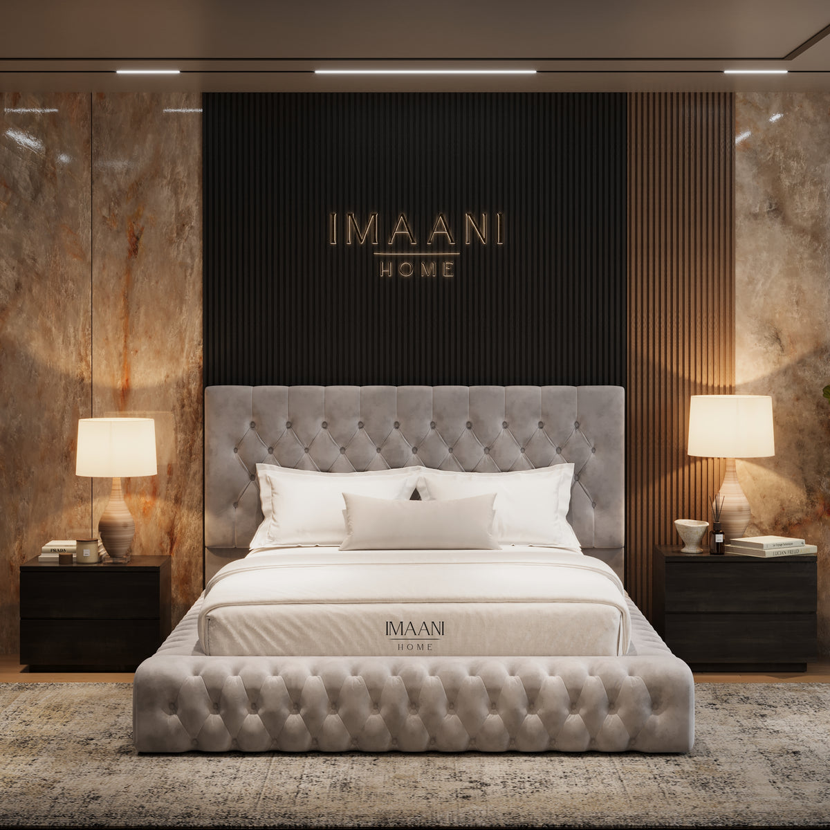 Front view of the Francesca Ambassador bed with a rectangular button-tufted headboard and deep braided tufting across the chunky upholstered footboard.