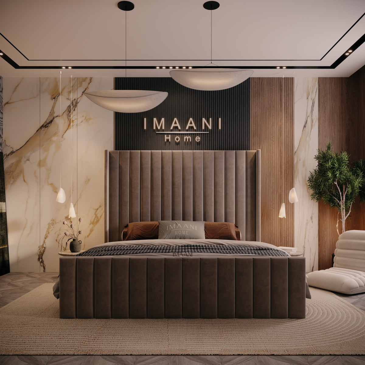 Front view of the Harper taupe wingback panel bed featuring a tall channelled headboard with side wings and a matching vertically panelled footboard.