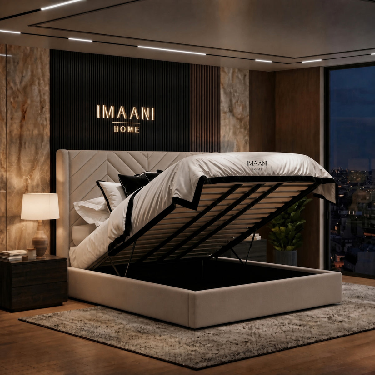 Harry Chevron Wingback Ottoman Bed with Optional Storage