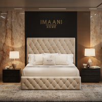 Front view of the Hazel cream button-tufted storage bed featuring a tall diamond-tufted headboard and a matching upholstered footboard in a soft beige finish.