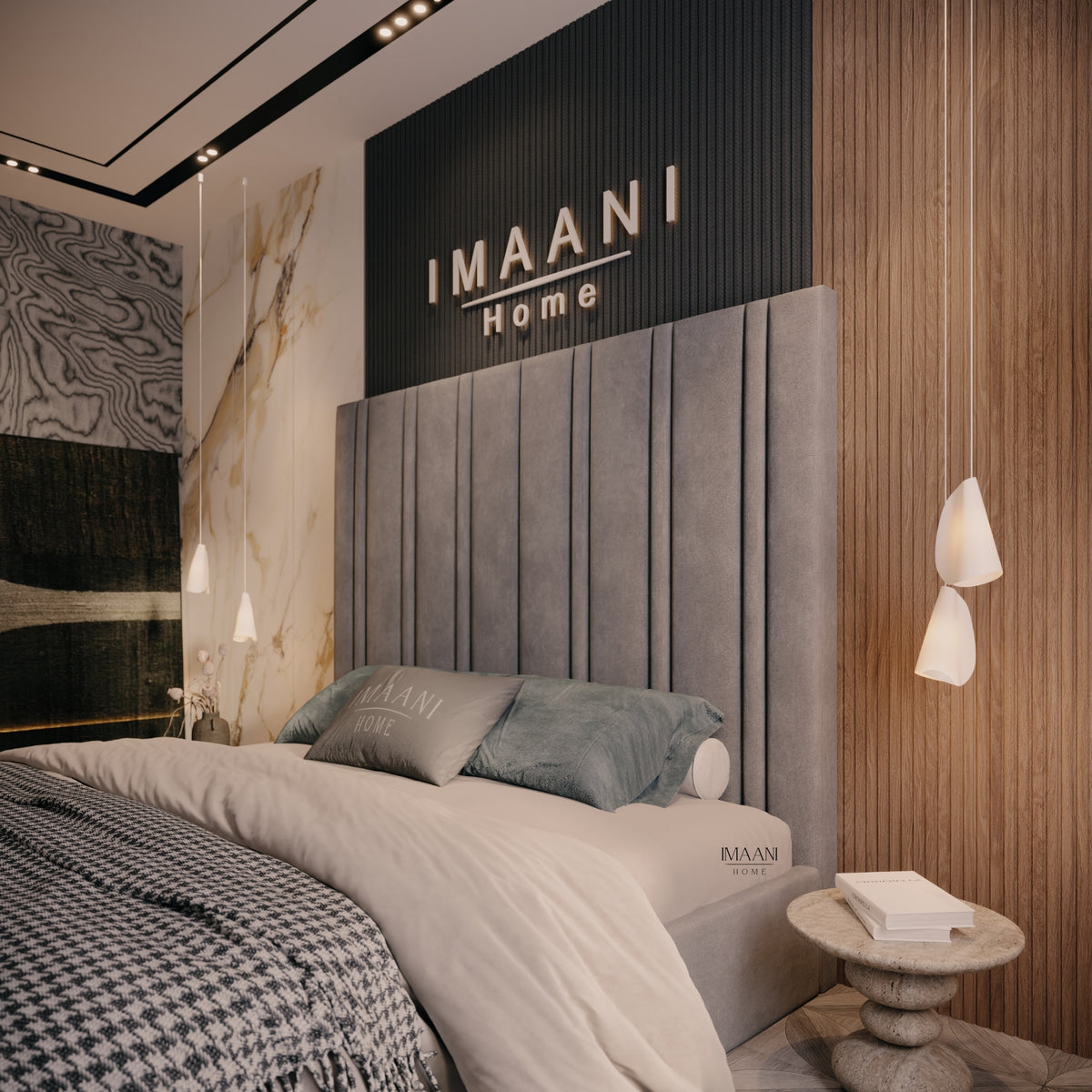 Close side view of the Hope high headboard bed in soft grey upholstery, showing broad vertical padded sections separated by slim recessed channels.