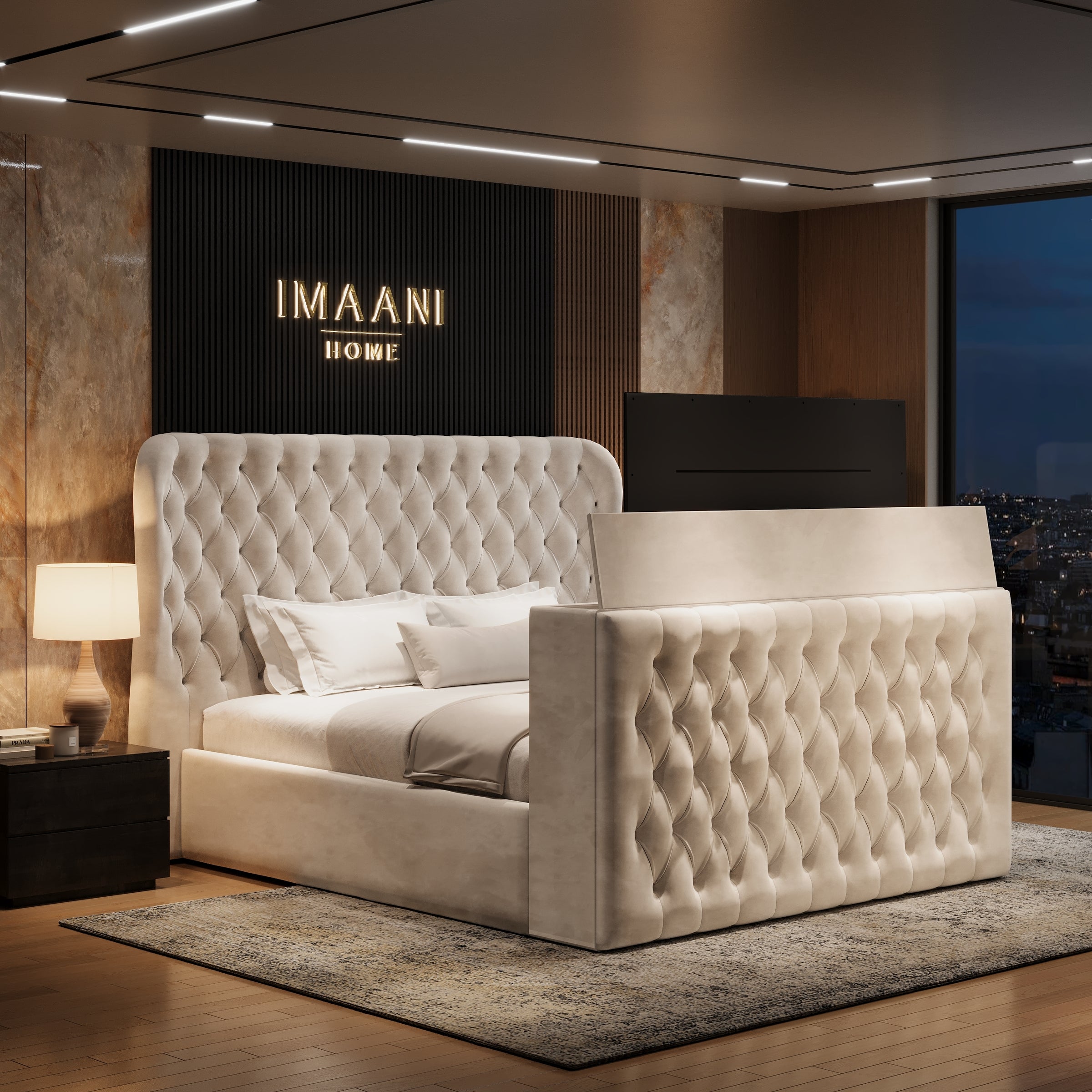 Amsterdam Cream Wingback Ottoman TV Bed Frame