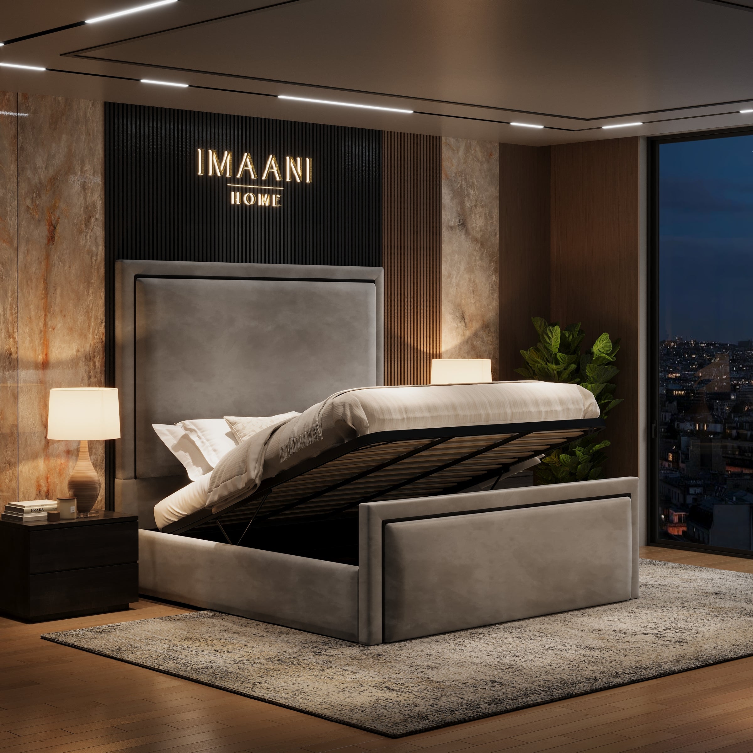 Cairo Grey Velvet High Headboard Ottoman Bed Frame