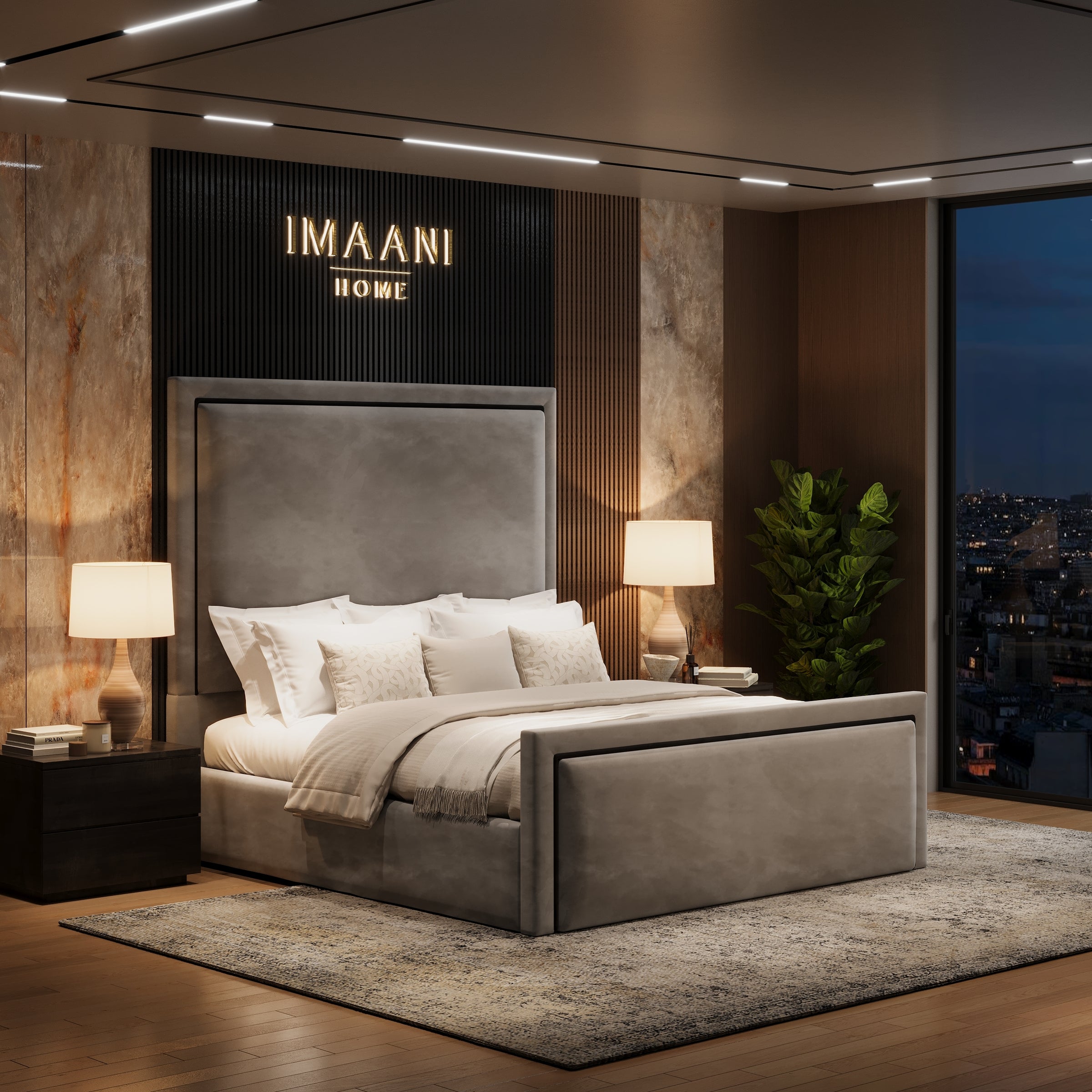Cairo Grey Velvet High Headboard Ottoman Bed Frame