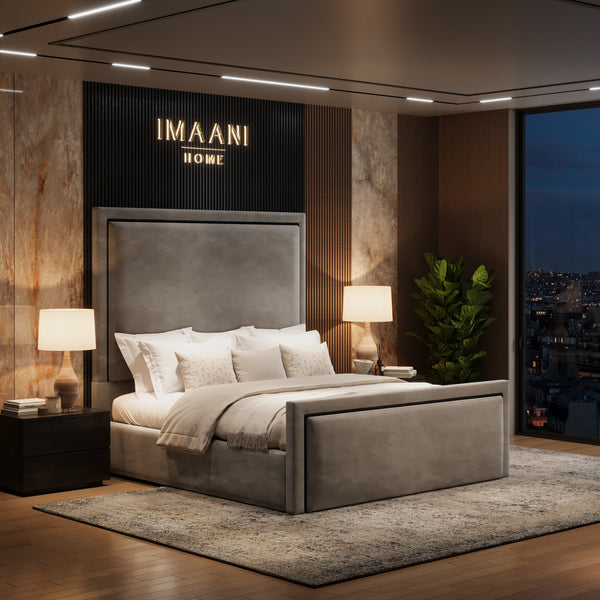 Cairo Grey Velvet High Headboard Ottoman Bed Frame