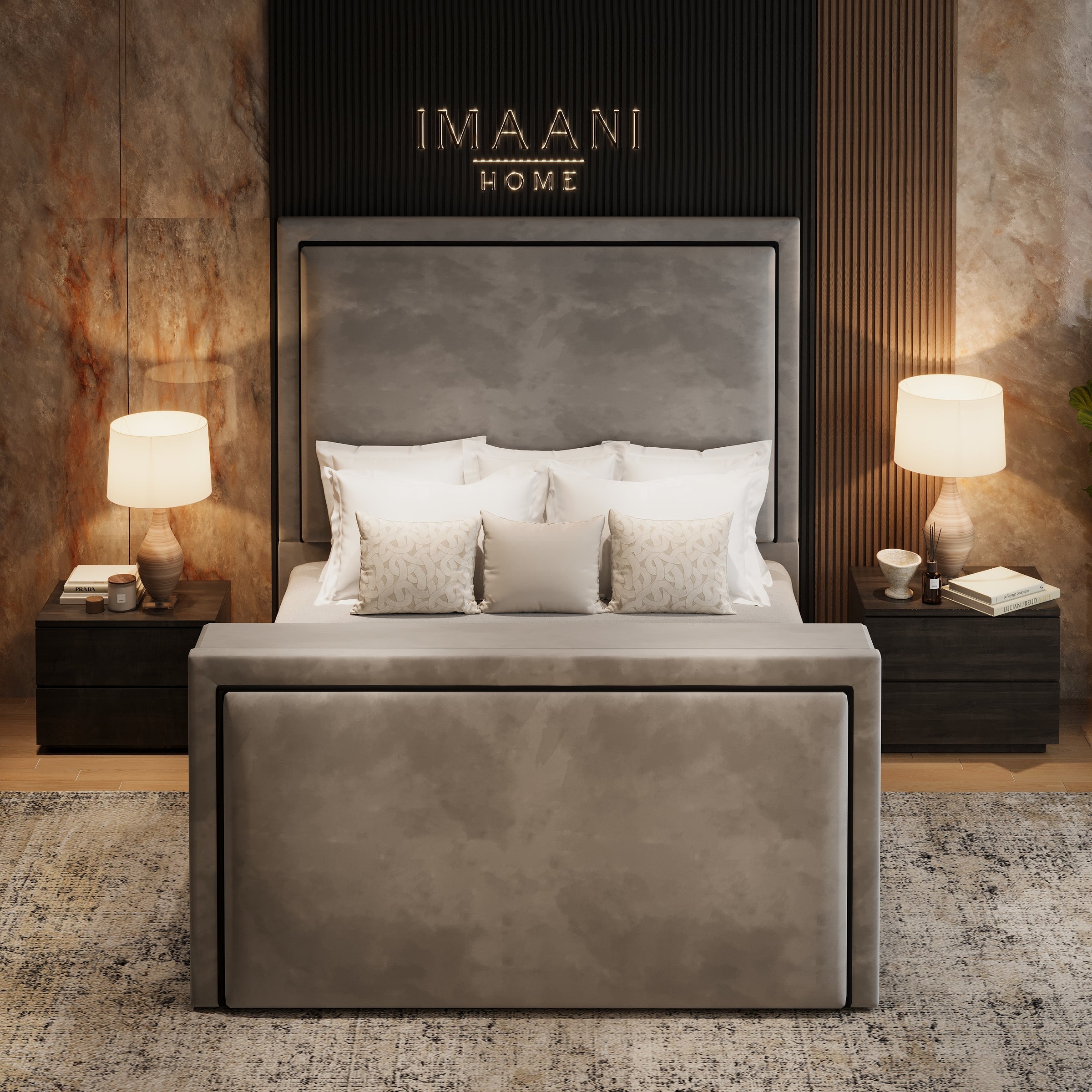Armani Silver Velvet TV Bed Frame with Ottoman Storage
