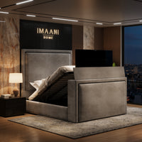 Armani Silver Velvet TV Bed Frame with Ottoman Storage