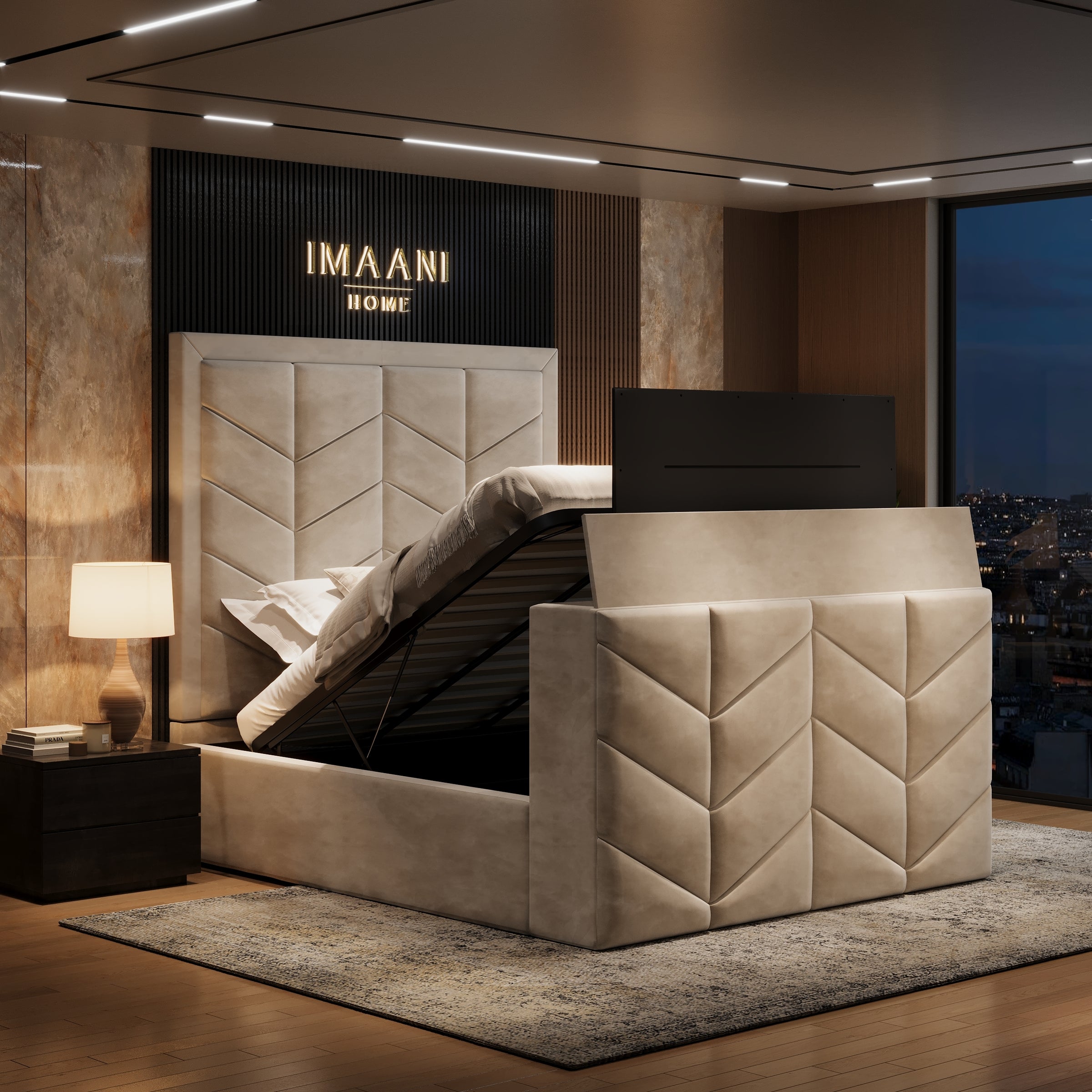 Aura Cream Velvet High Headboard TV Bed Frame with Ottoman Storage