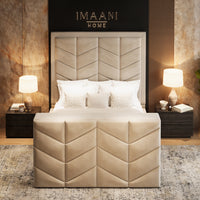 Aura Cream Velvet High Headboard TV Bed Frame with Ottoman Storage