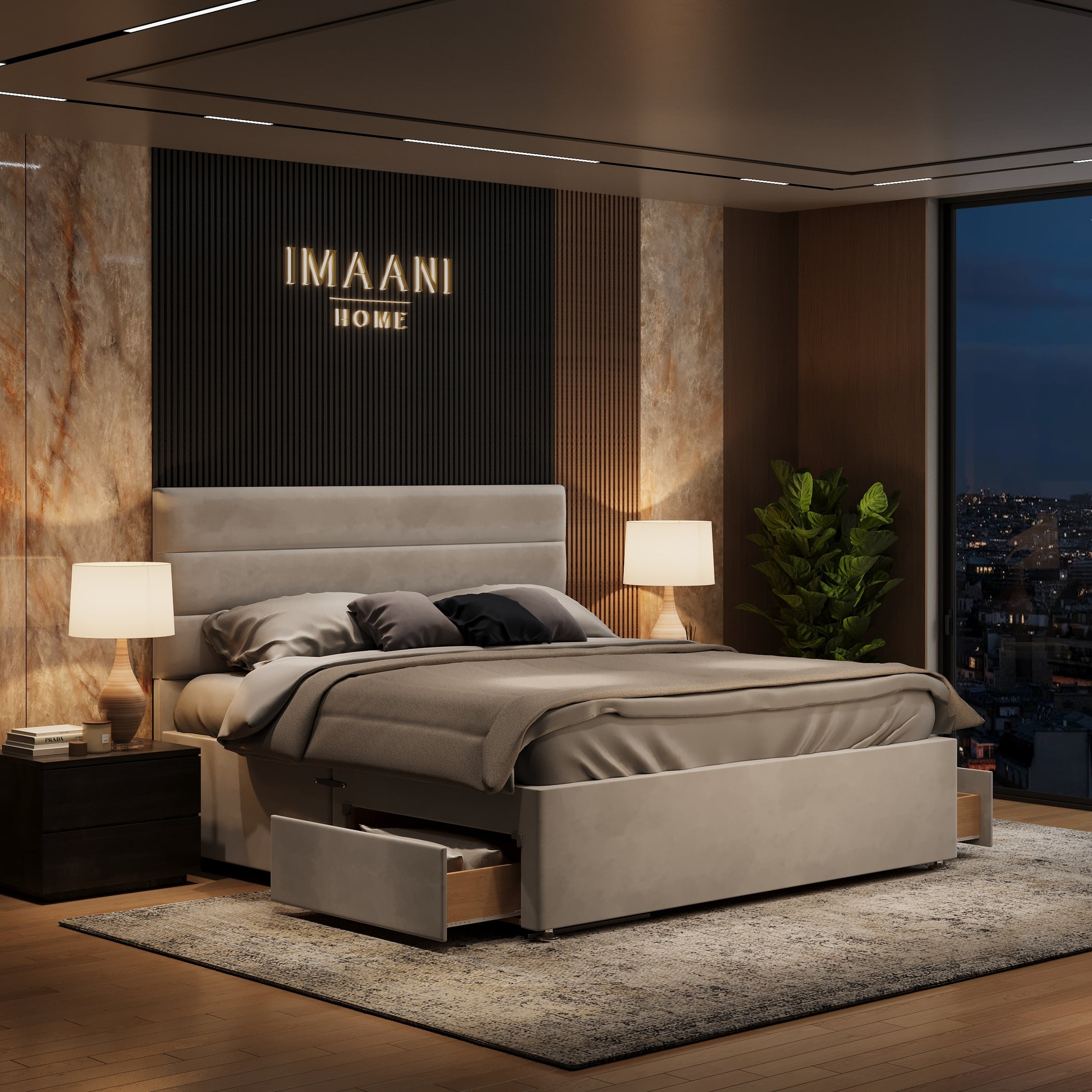 Bella Grey Velvet Divan Bed with Drawers and Panel Headboard