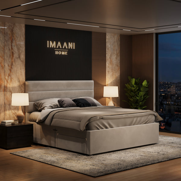 Bella Grey Velvet Divan Bed with Drawers and Panel Headboard
