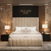 Front view of the Lowther upholstered bed frame in light beige, featuring a tall vertical panel headboard and matching low panelled footboard.