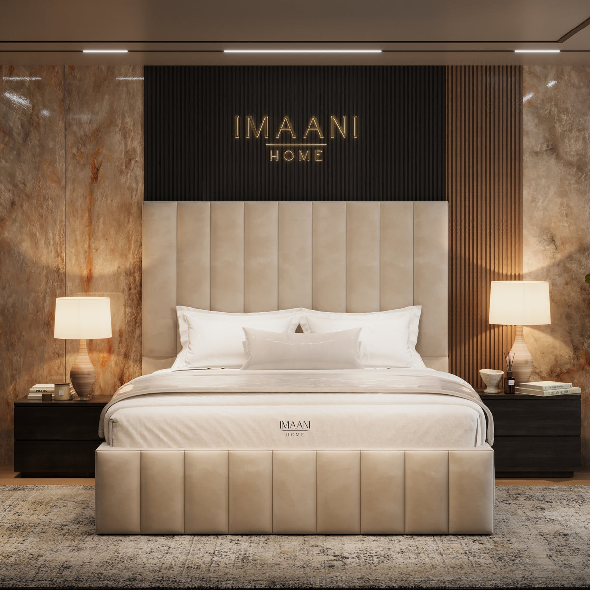 Front view of the Lowther upholstered bed frame in light beige, featuring a tall vertical panel headboard and matching low panelled footboard.