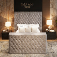 Luther grey Chesterfield bed with tall diamond button-tufted headboard and matching deep upholstered footboard.