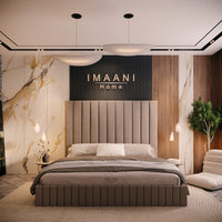 Marcello taupe upholstered bed frame with tall vertical panelled headboard and matching channelled footboard.