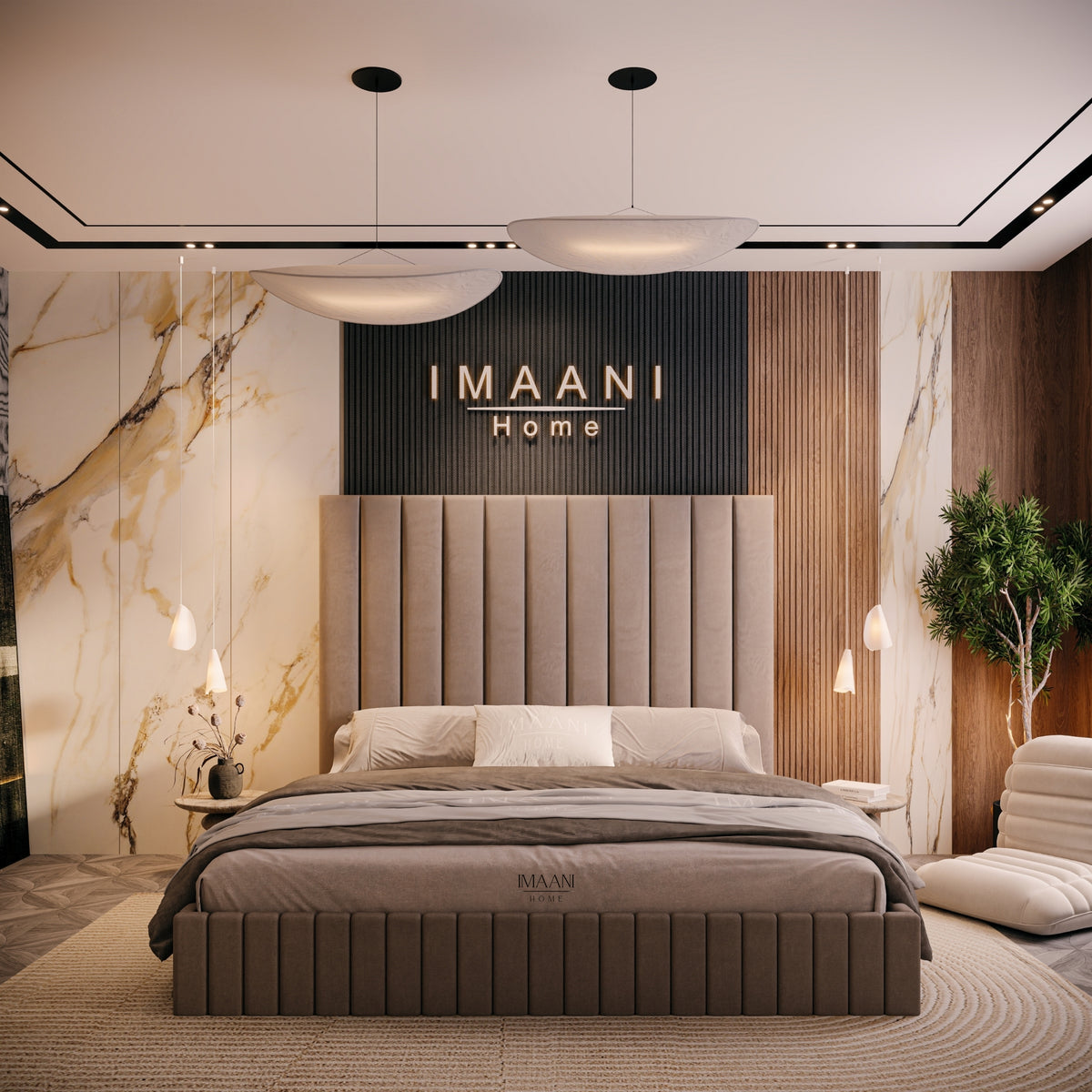 Marcello taupe upholstered bed frame with tall vertical panelled headboard and matching channelled footboard.