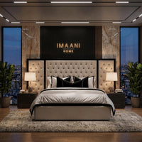Markle cream upholstered Chesterfield bed with deep button-tufted headboard and contrasting black framed side panels.