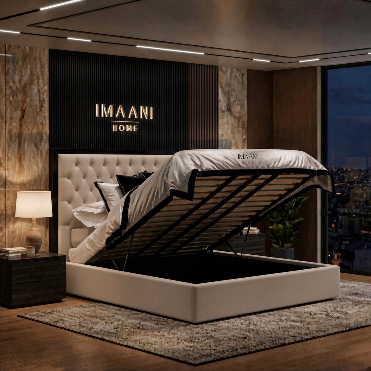 Mirren cream Chesterfield ottoman storage bed with lift-up mattress base, under-bed storage and button-tufted headboard.