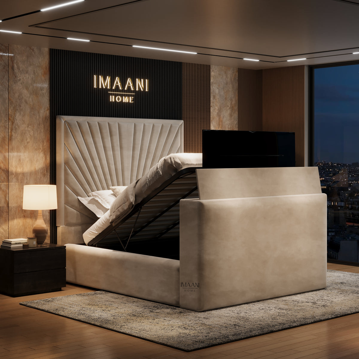 Orianna cream TV ottoman storage bed with raised television, lift-up mattress base and tall sunburst upholstered headboard.