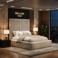 Oslo cream high headboard bed with sunburst upholstered panels, smooth padded side rails and plain low footboard.