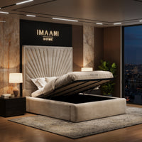 Oslo cream ottoman storage bed with lift-up mattress base, under-bed storage and tall sunburst upholstered headboard.