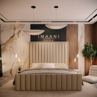 Paris beige upholstered bed frame with tall vertical panelled headboard and matching padded footboard.
