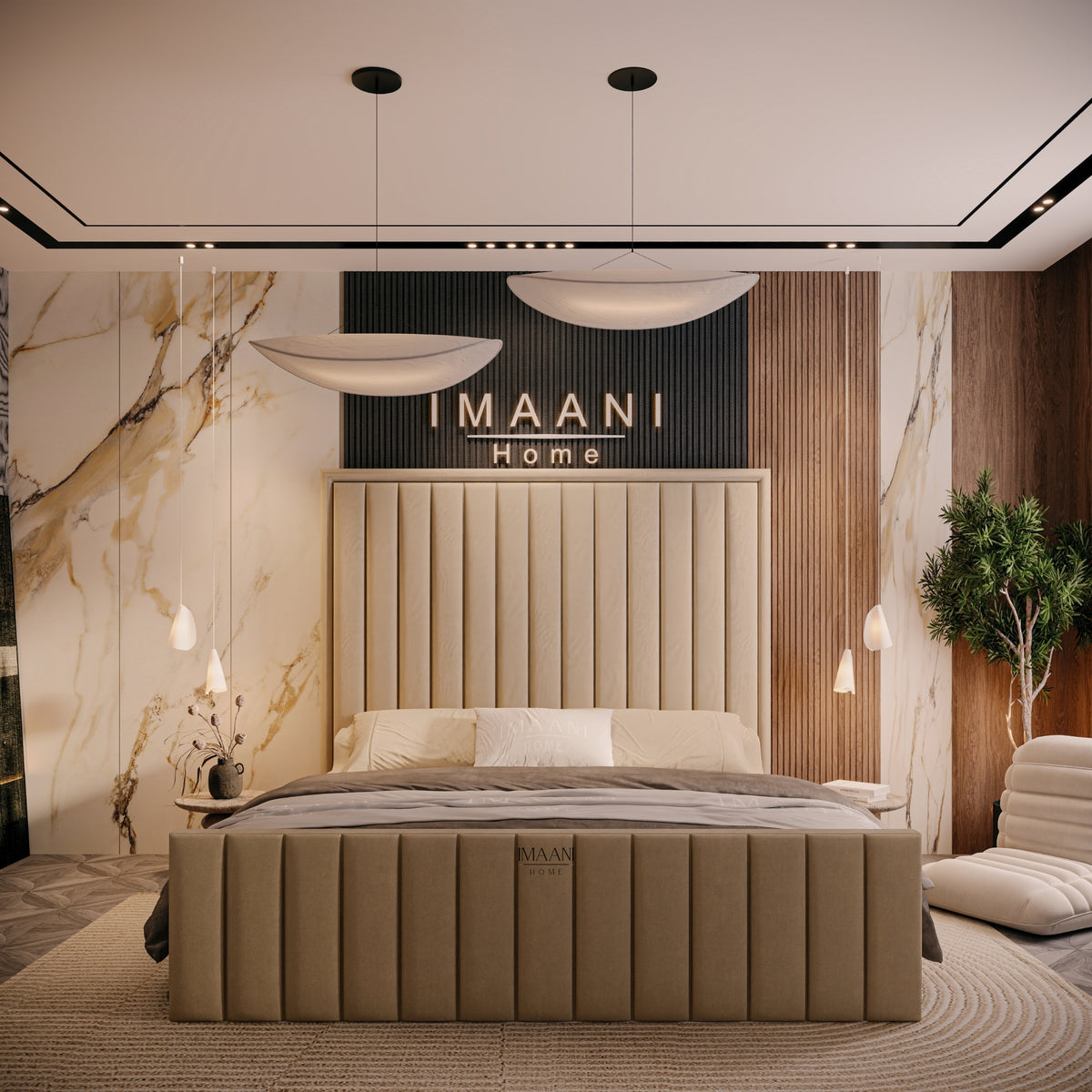 Paris beige upholstered bed frame with tall vertical panelled headboard and matching padded footboard.