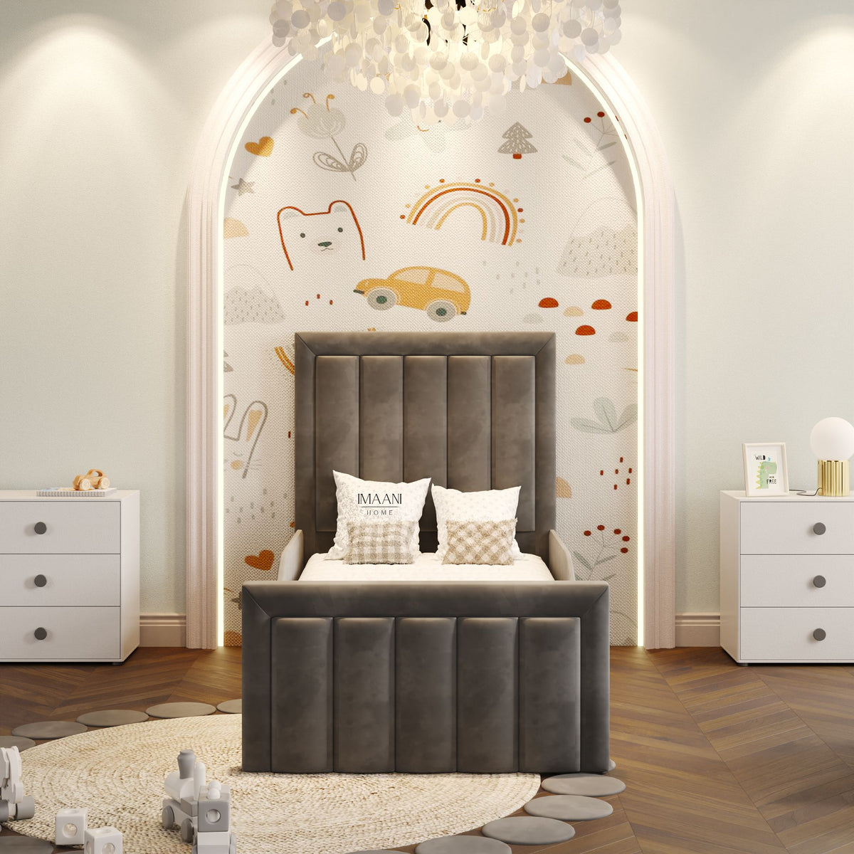 Robin grey kids bed frame with tall upholstered vertical panel headboard and matching padded footboard.