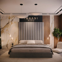 Sherlock grey upholstered bed frame with tall vertical panelled headboard and simple low padded footboard.