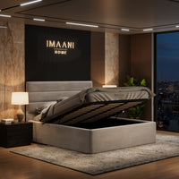 Sorrena light grey ottoman storage bed with lift-up mattress base, spacious under-bed storage and horizontal upholstered headboard.