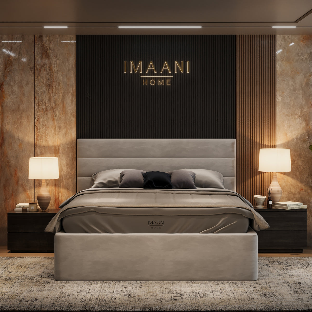 Sorrena taupe upholstered bed frame with softly padded horizontal headboard panels and clean modern styling.