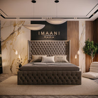 Sutton Chesterfield bed with tall button-tufted upholstered headboard, wingback sides and matching tufted footboard.