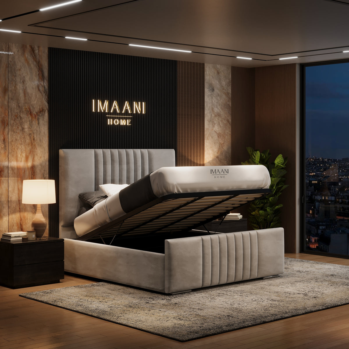Sydney light taupe ottoman storage bed with lift-up mattress base, under-bed storage and tall vertical channelled headboard.