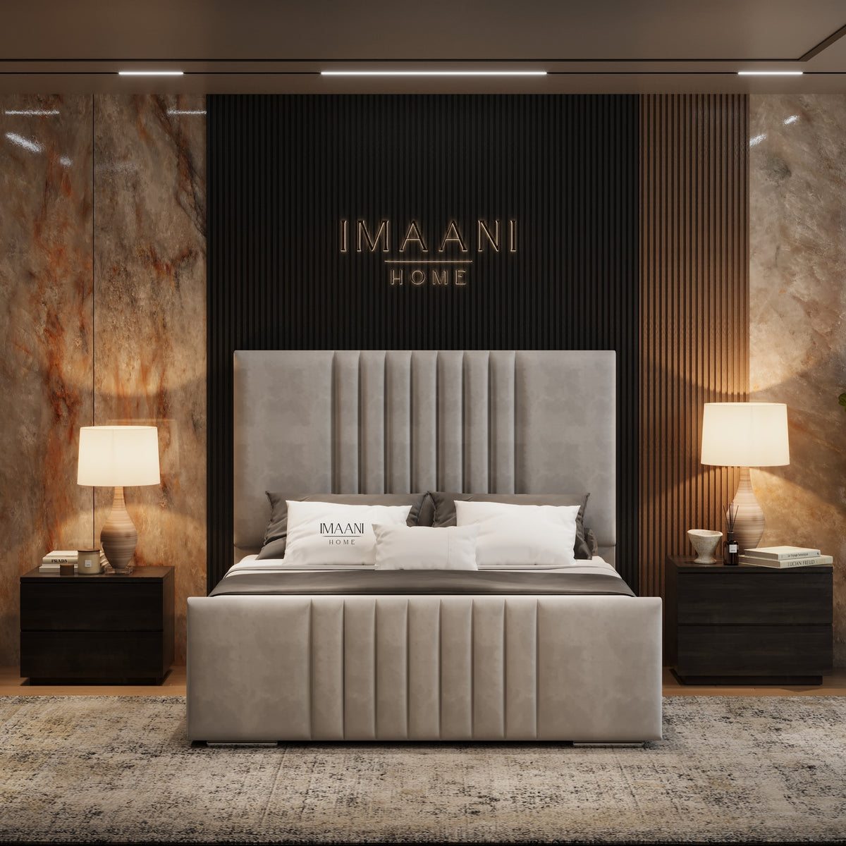Sydney upholstered bed frame in light taupe with tall channelled headboard and matching vertical panel footboard.