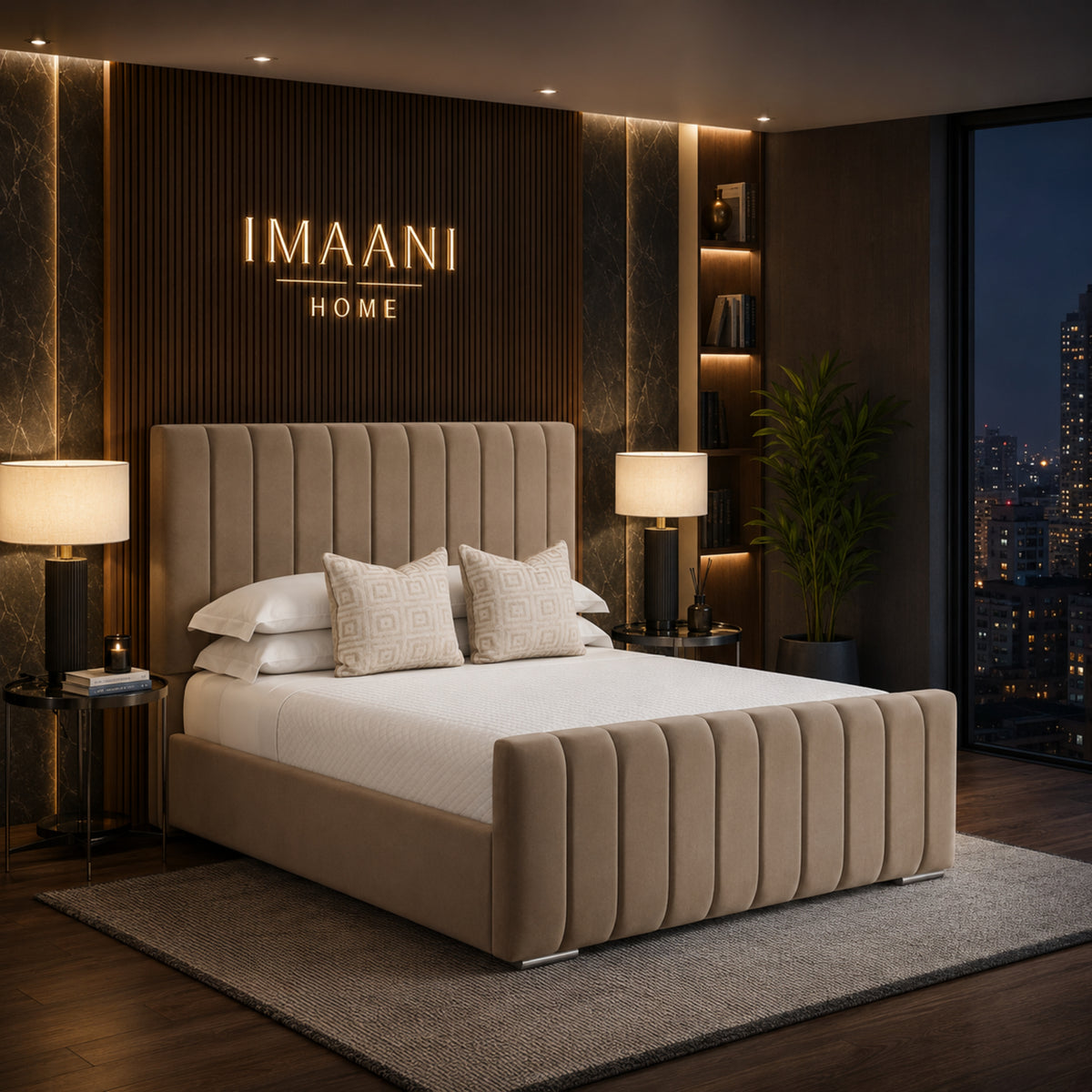 Marlowe Channel Headboard Mocha Velvet Ottoman Bed