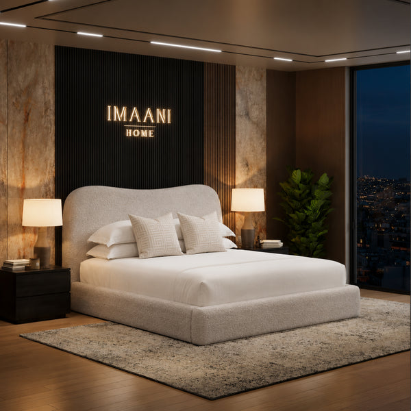 Aveline Curved Headboard Stone Boucle Ottoman Bed